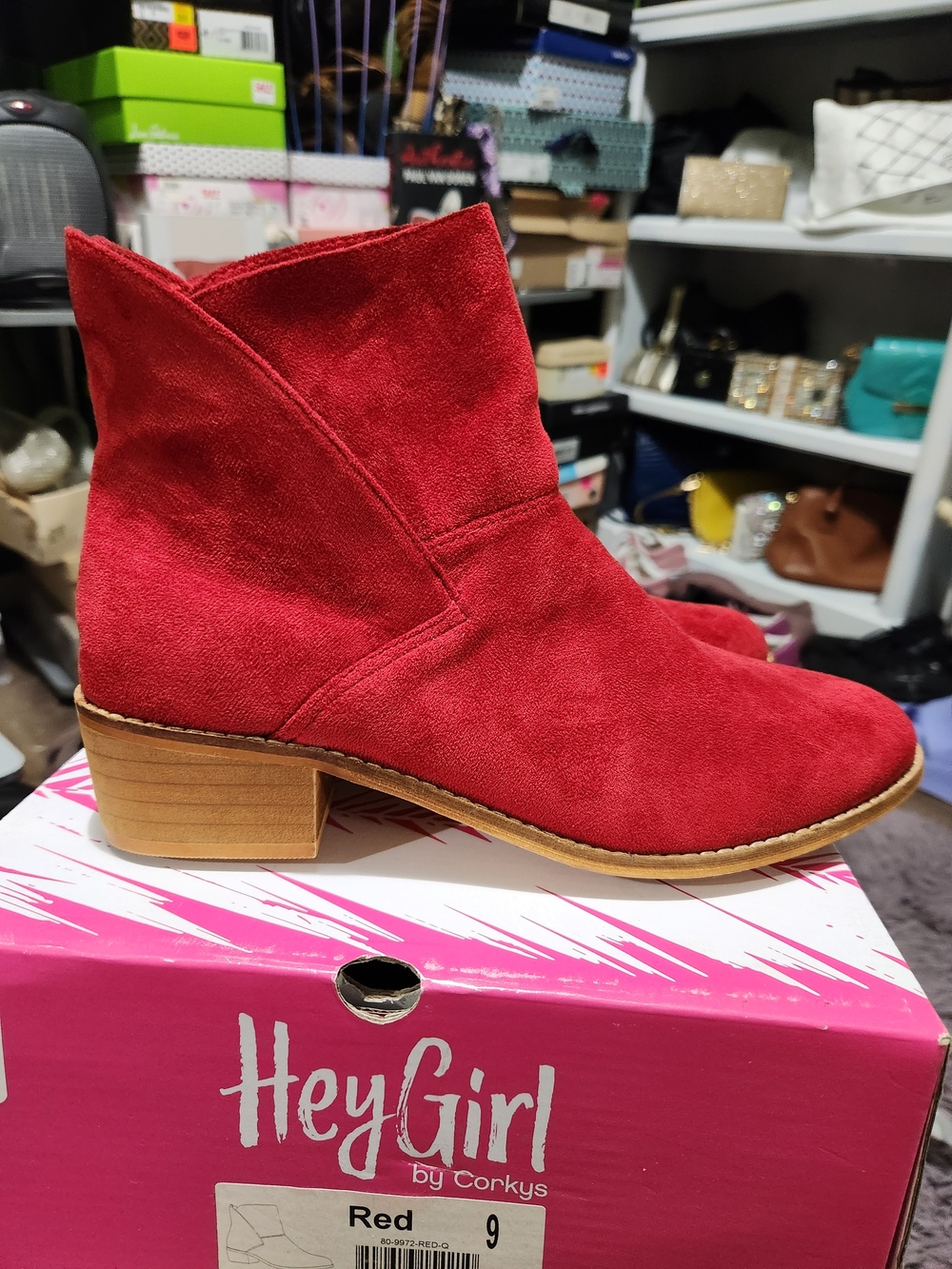 Hey Girl Red Suede Ankle Bootie by Corkys - Women's
